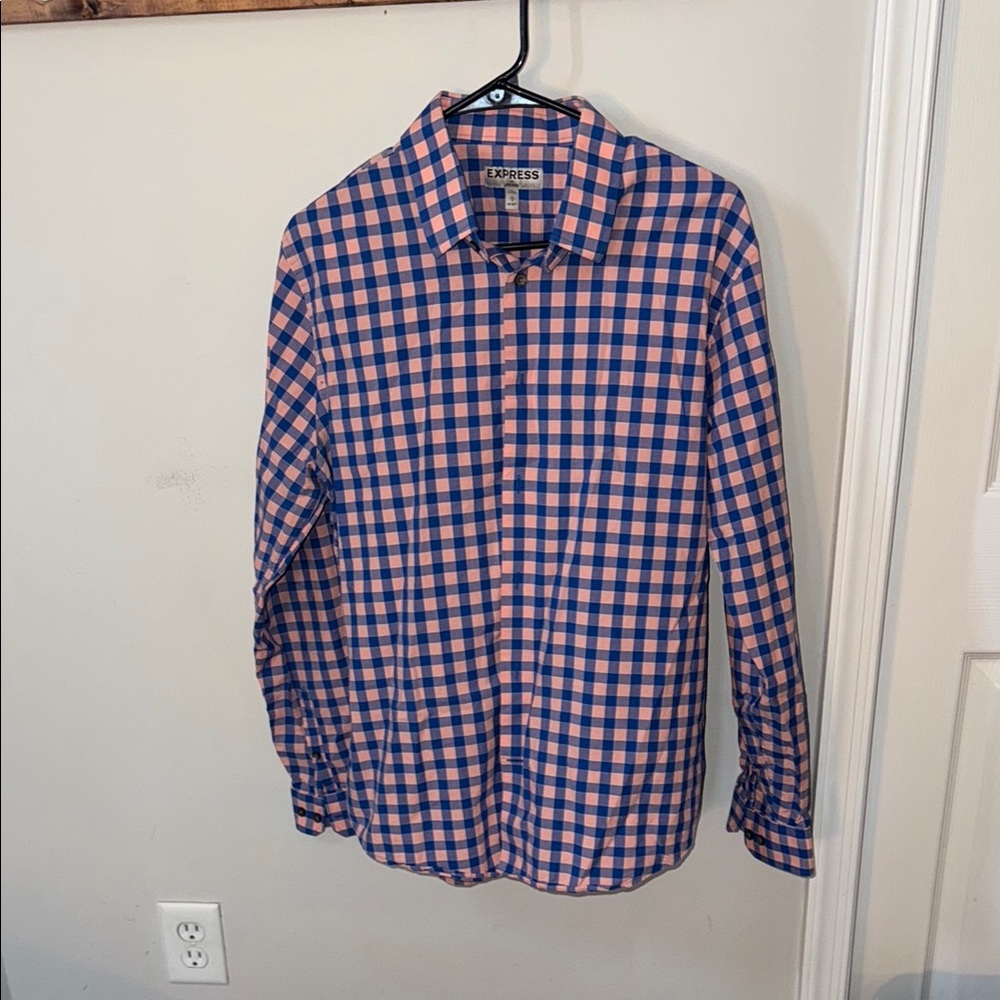 Express Men's Blue and Pink Checkered Shirt